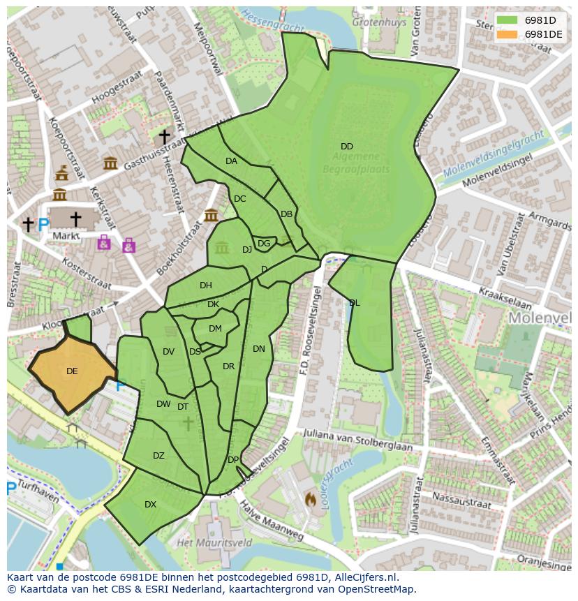 Afbeelding van het postcodegebied 6981 DE op de kaart.