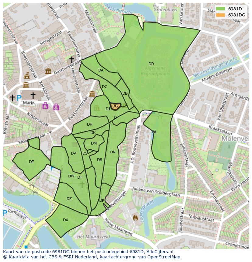 Afbeelding van het postcodegebied 6981 DG op de kaart.