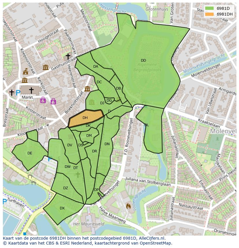 Afbeelding van het postcodegebied 6981 DH op de kaart.
