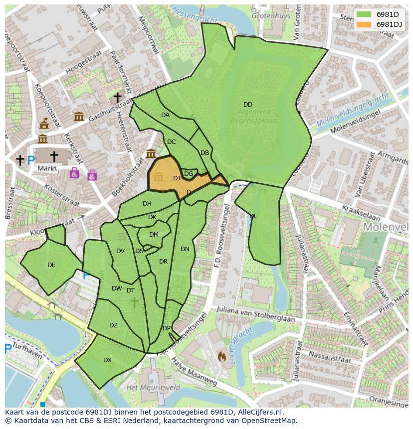 Afbeelding van het postcodegebied 6981 DJ op de kaart.