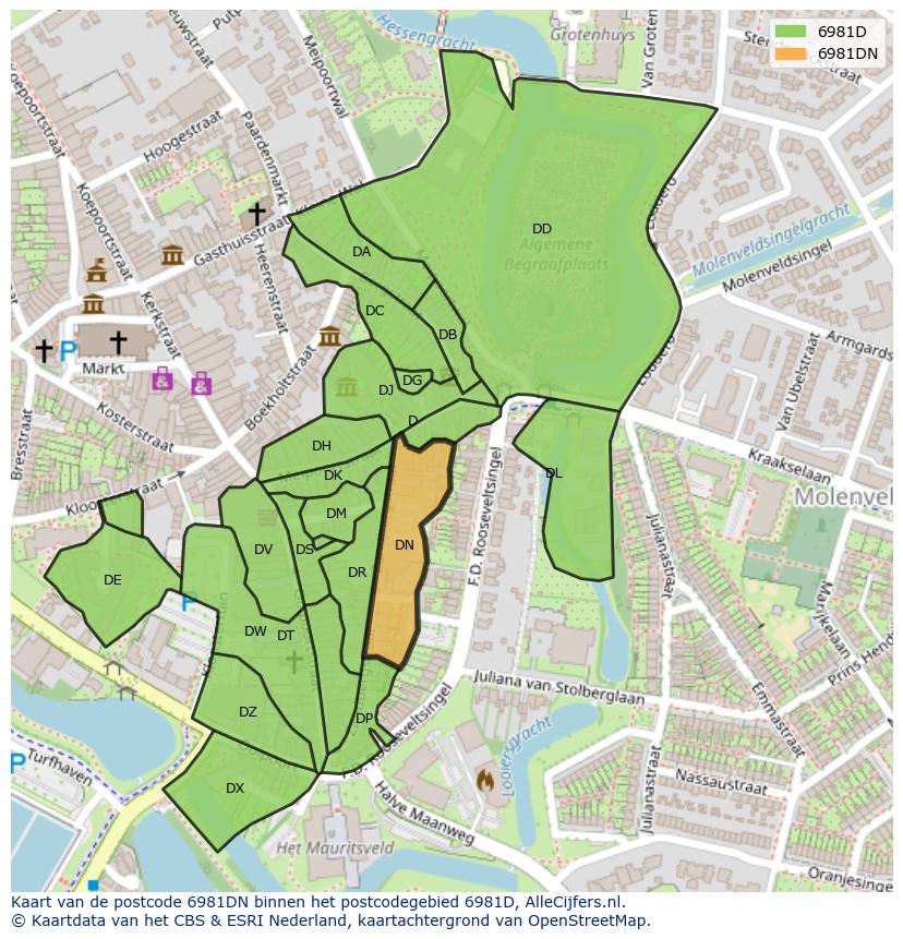 Afbeelding van het postcodegebied 6981 DN op de kaart.