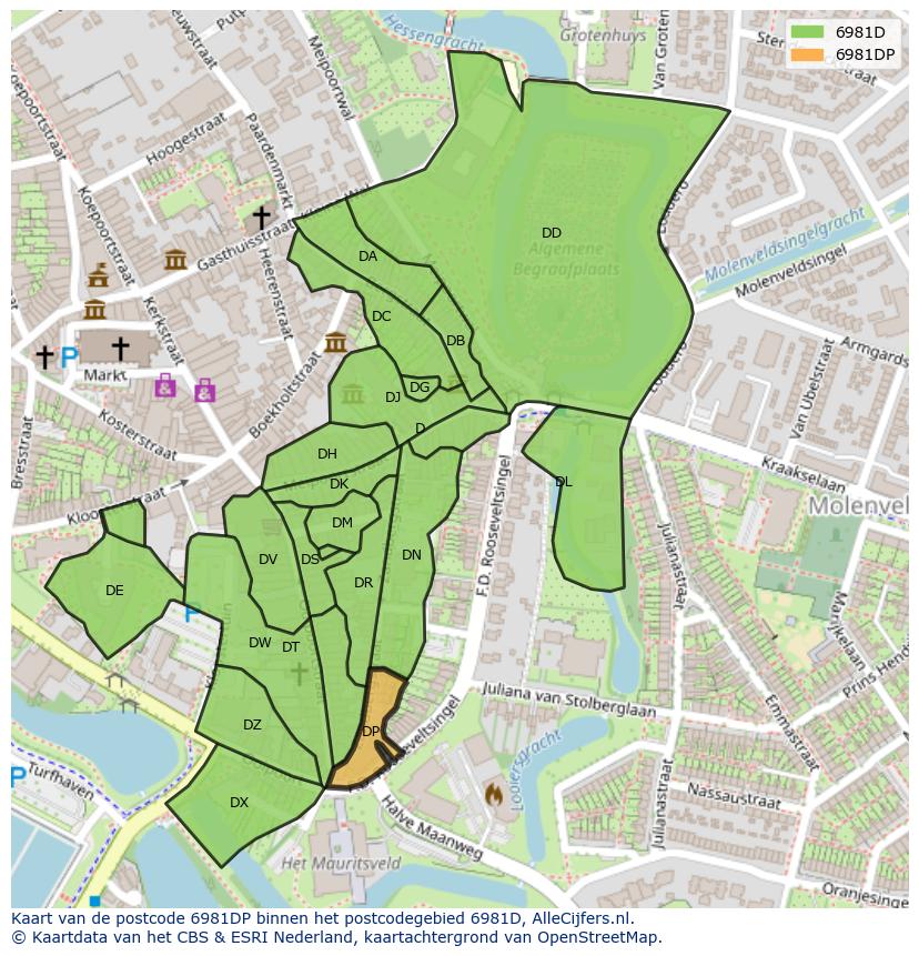 Afbeelding van het postcodegebied 6981 DP op de kaart.