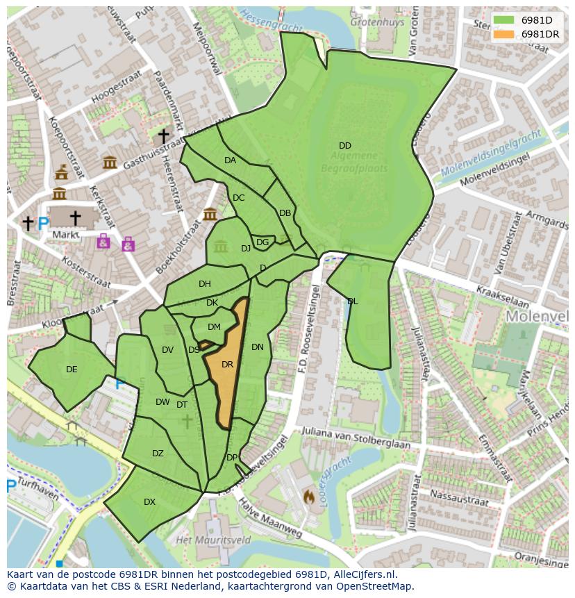 Afbeelding van het postcodegebied 6981 DR op de kaart.