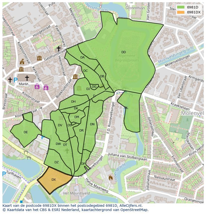Afbeelding van het postcodegebied 6981 DX op de kaart.