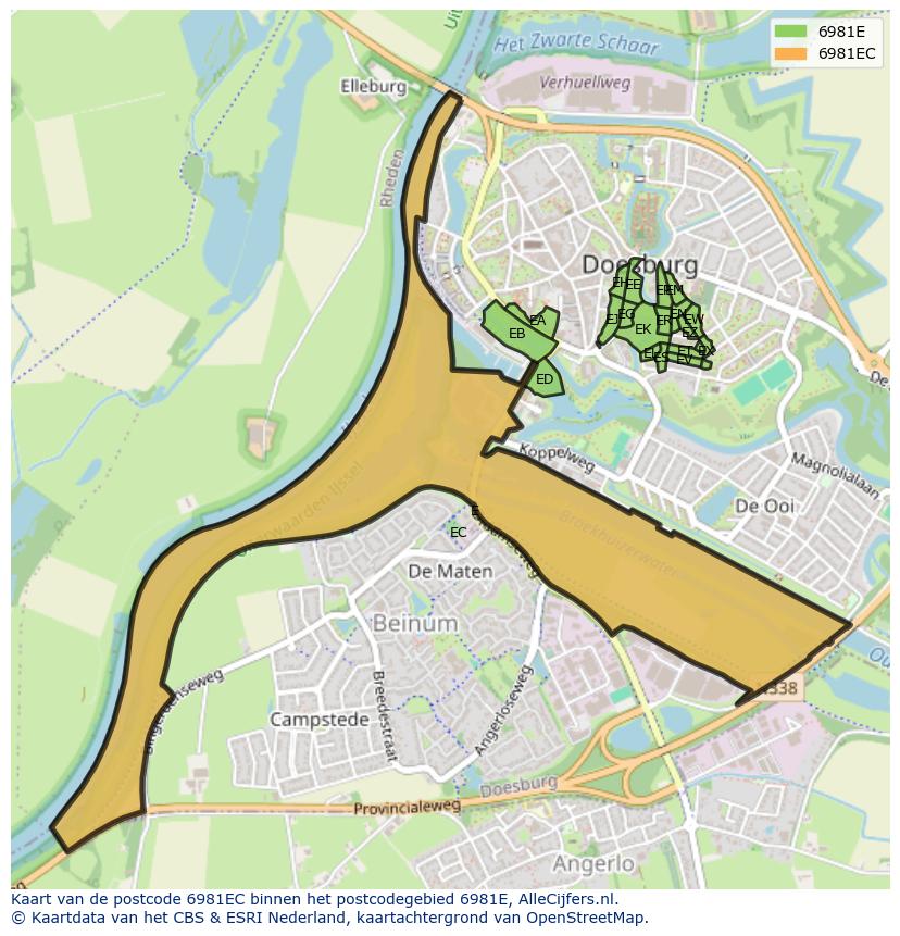 Afbeelding van het postcodegebied 6981 EC op de kaart.