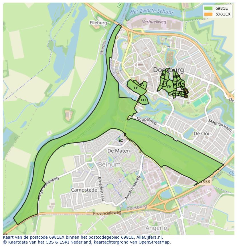 Afbeelding van het postcodegebied 6981 EX op de kaart.