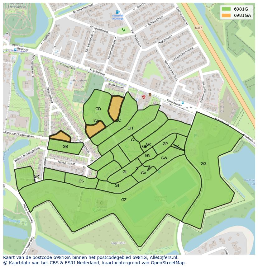 Afbeelding van het postcodegebied 6981 GA op de kaart.