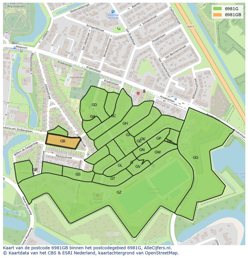 Afbeelding van het postcodegebied 6981 GB op de kaart.