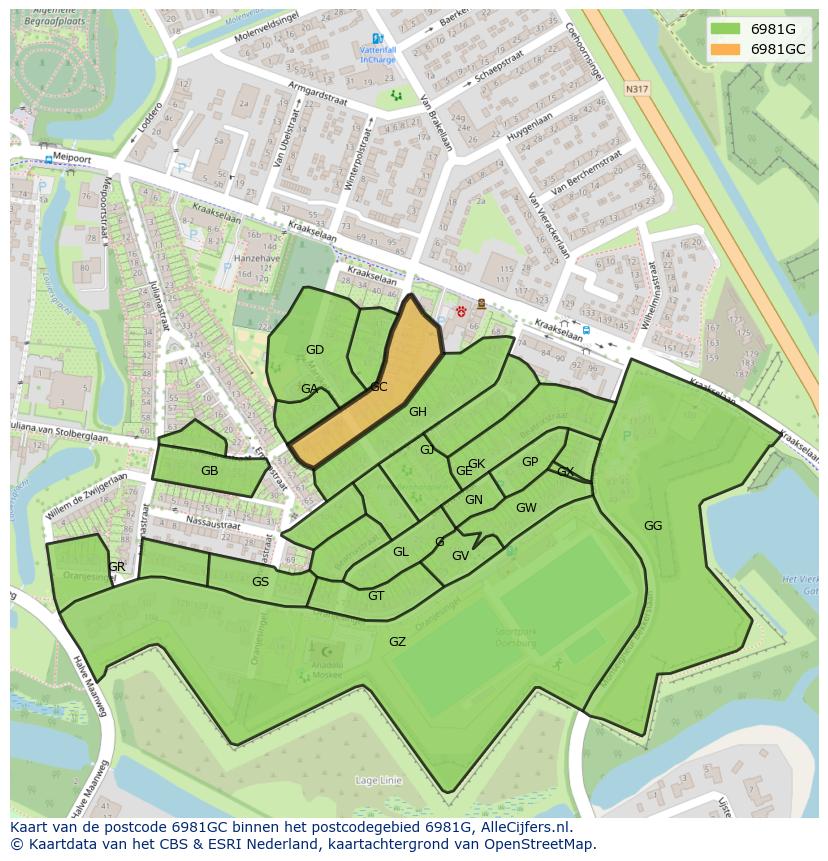 Afbeelding van het postcodegebied 6981 GC op de kaart.