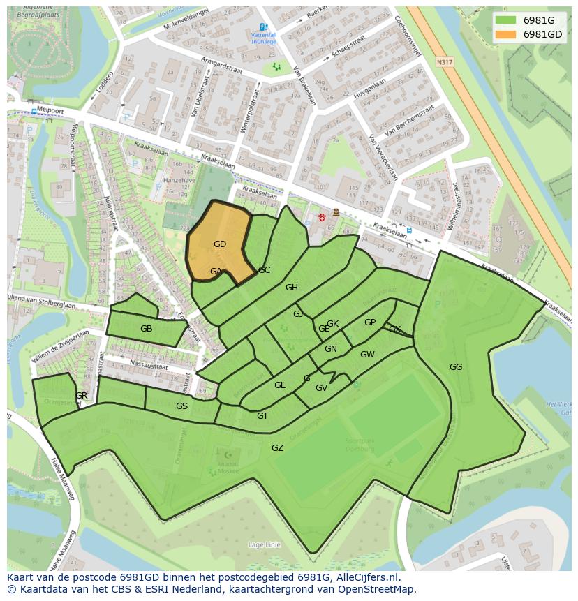 Afbeelding van het postcodegebied 6981 GD op de kaart.