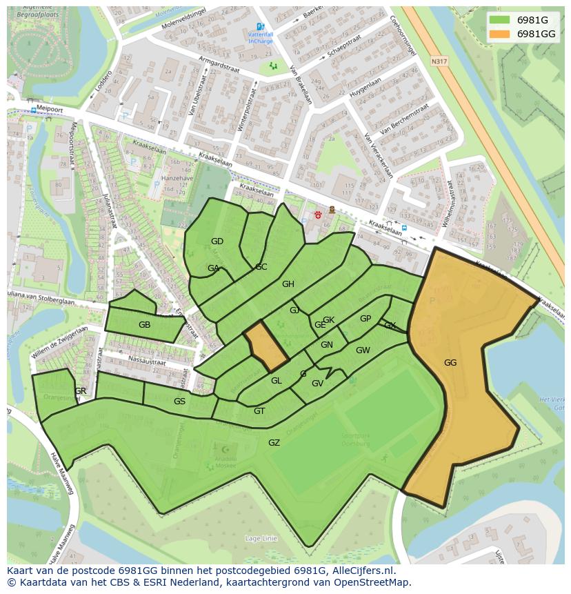 Afbeelding van het postcodegebied 6981 GG op de kaart.