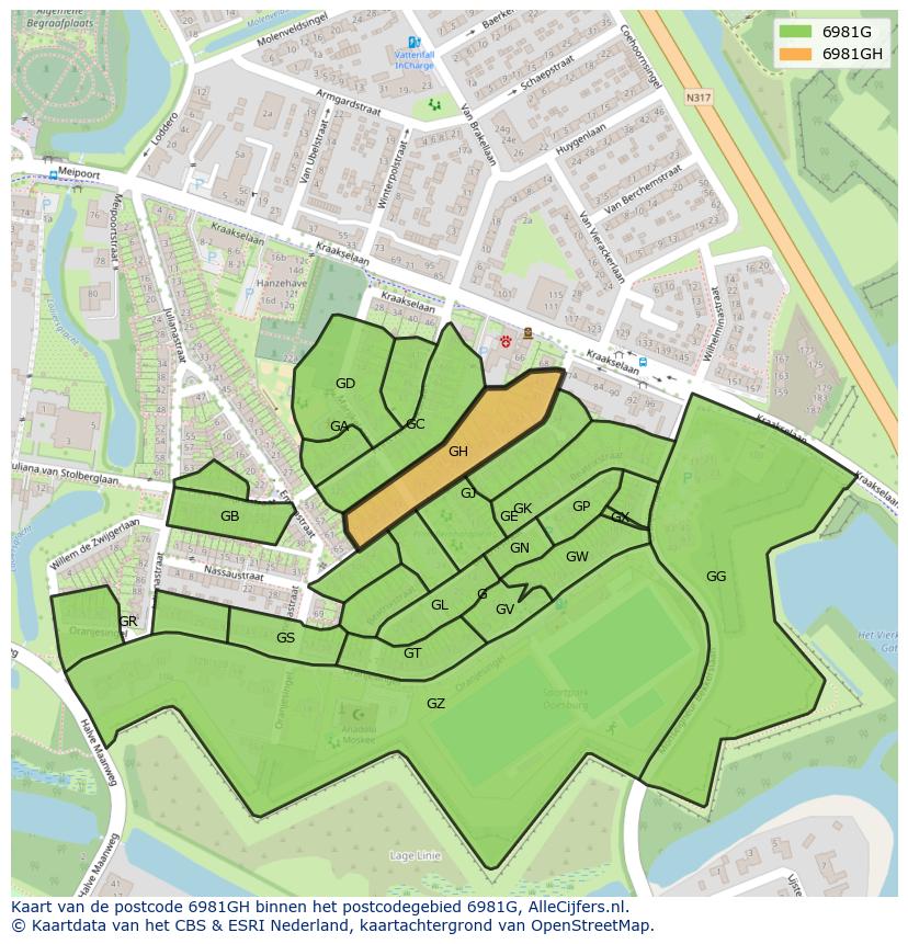 Afbeelding van het postcodegebied 6981 GH op de kaart.