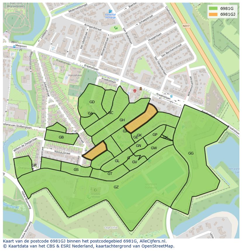 Afbeelding van het postcodegebied 6981 GJ op de kaart.