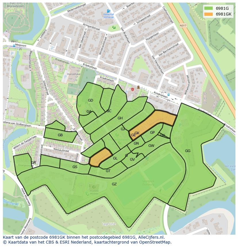 Afbeelding van het postcodegebied 6981 GK op de kaart.