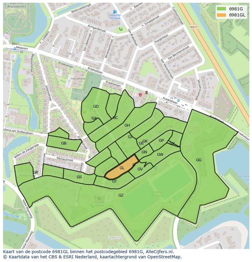 Afbeelding van het postcodegebied 6981 GL op de kaart.