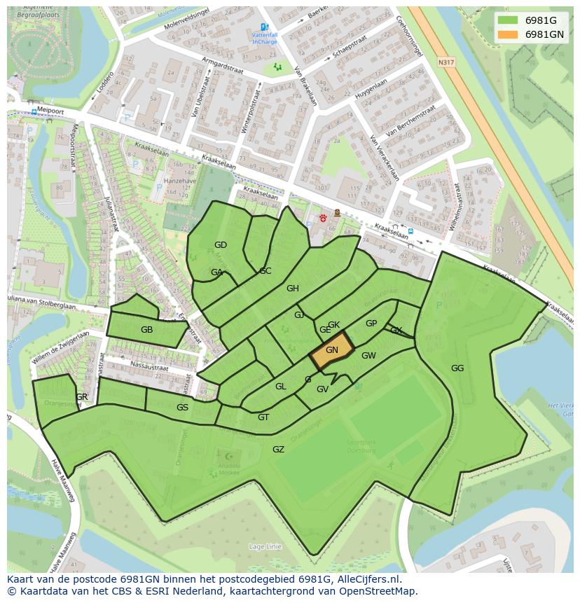 Afbeelding van het postcodegebied 6981 GN op de kaart.