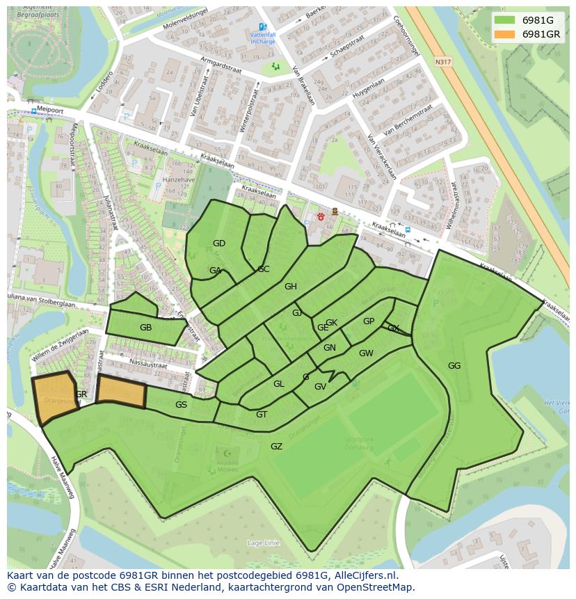 Afbeelding van het postcodegebied 6981 GR op de kaart.