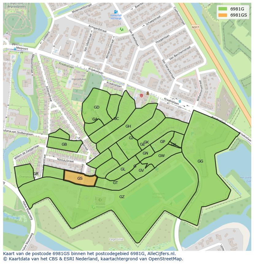 Afbeelding van het postcodegebied 6981 GS op de kaart.