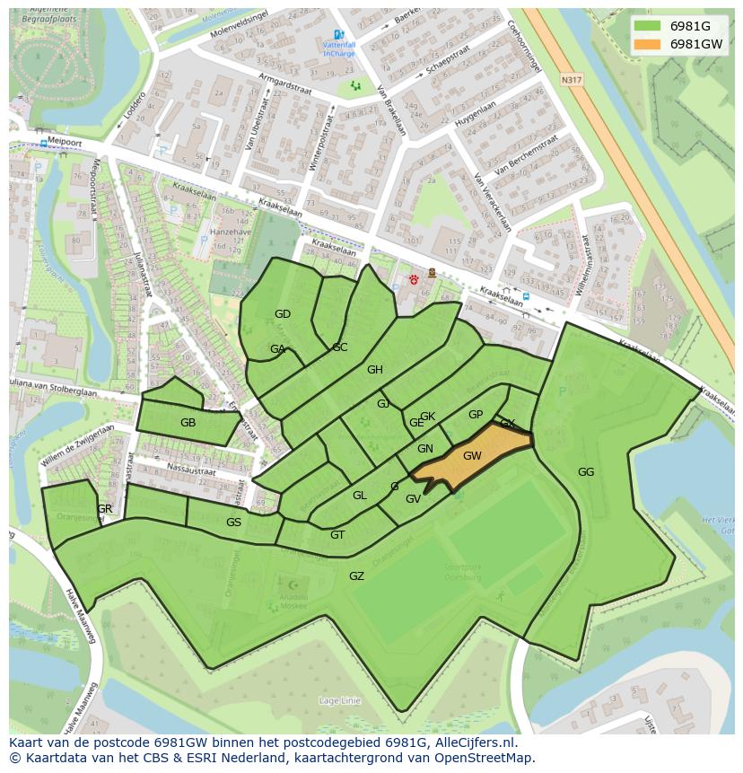Afbeelding van het postcodegebied 6981 GW op de kaart.