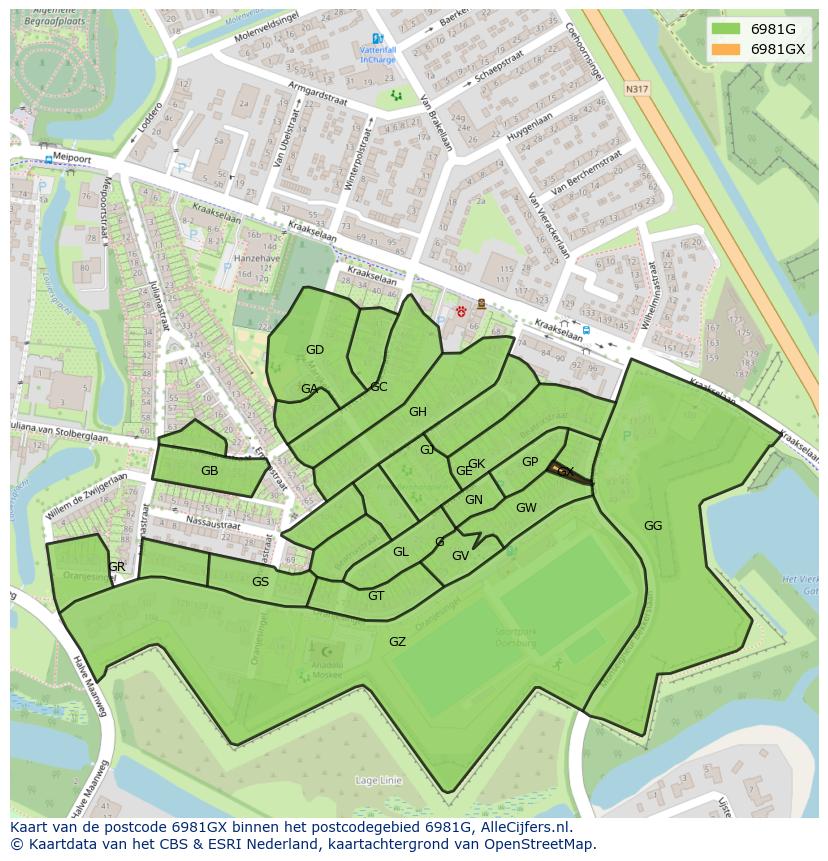 Afbeelding van het postcodegebied 6981 GX op de kaart.