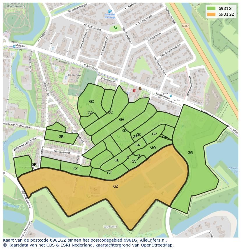 Afbeelding van het postcodegebied 6981 GZ op de kaart.