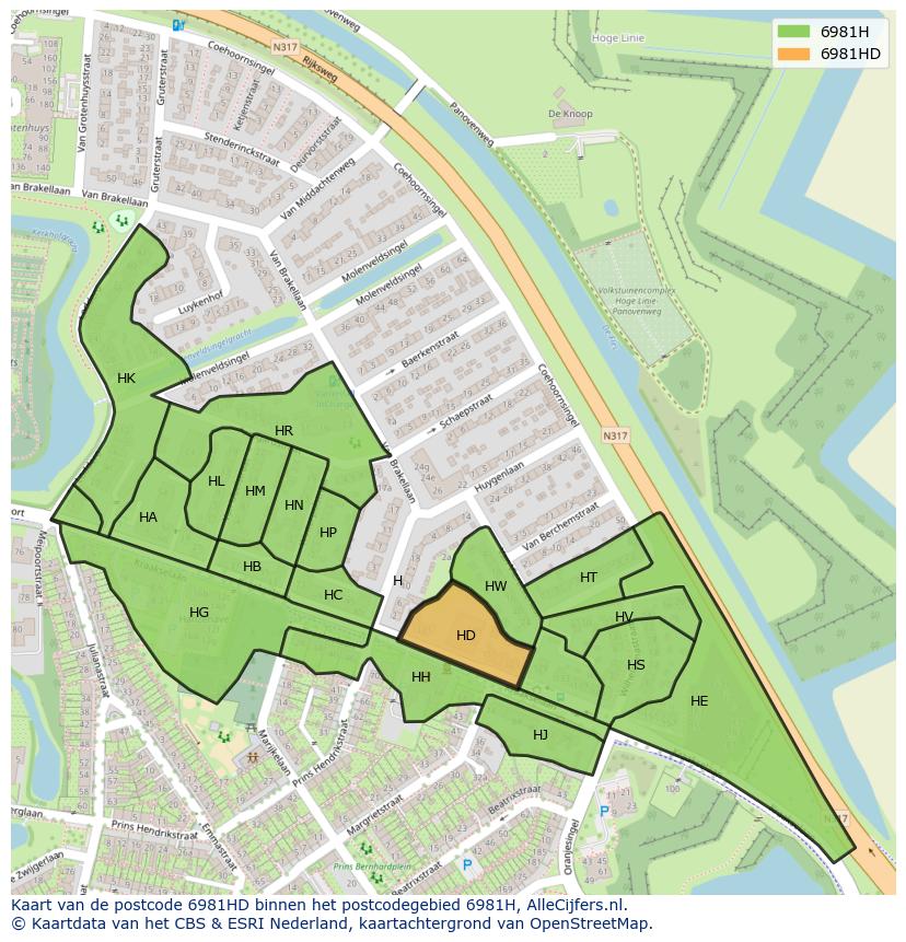 Afbeelding van het postcodegebied 6981 HD op de kaart.