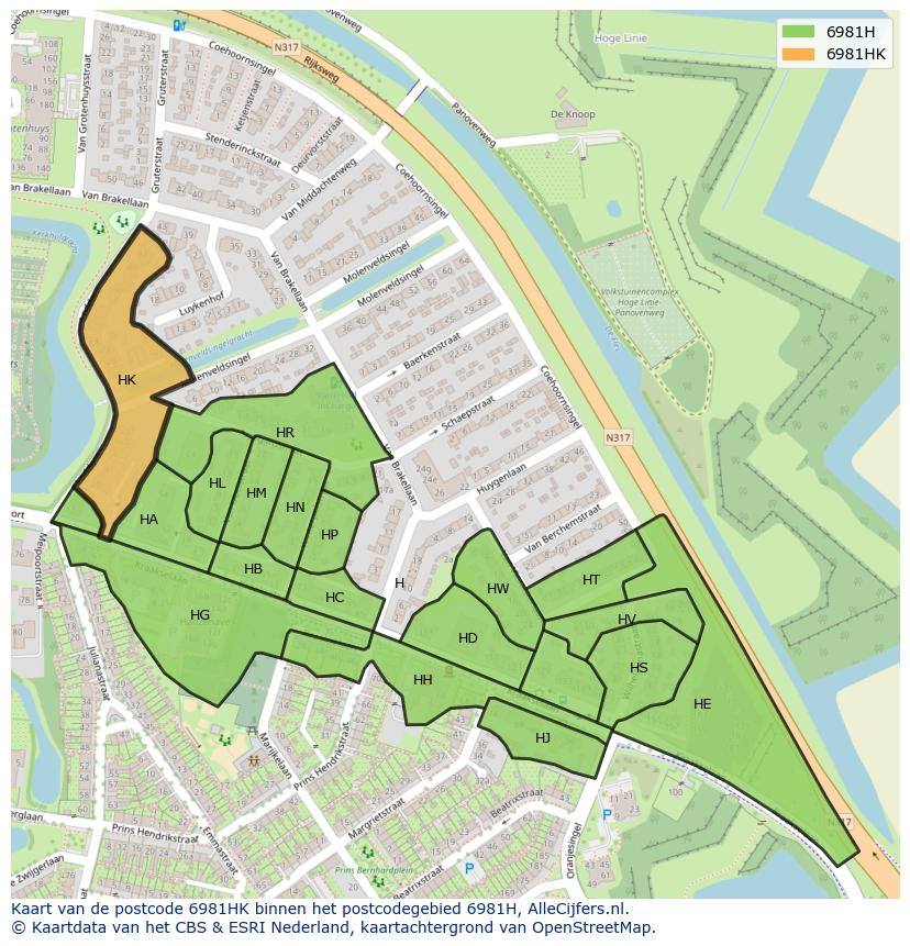 Afbeelding van het postcodegebied 6981 HK op de kaart.