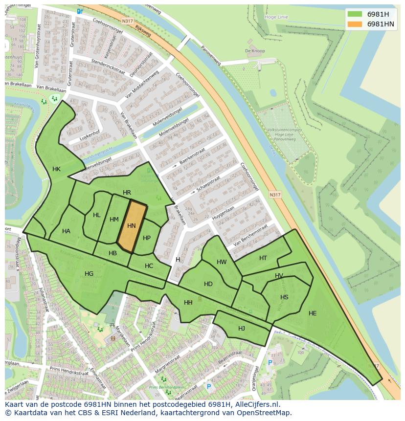 Afbeelding van het postcodegebied 6981 HN op de kaart.