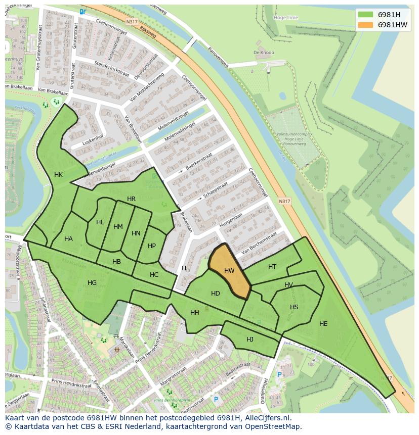 Afbeelding van het postcodegebied 6981 HW op de kaart.