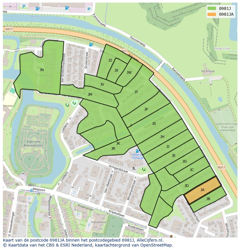 Afbeelding van het postcodegebied 6981 JA op de kaart.