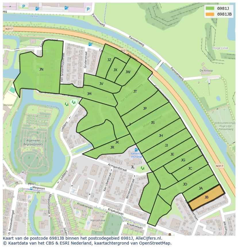 Afbeelding van het postcodegebied 6981 JB op de kaart.