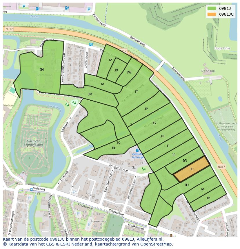 Afbeelding van het postcodegebied 6981 JC op de kaart.