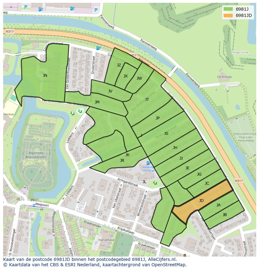 Afbeelding van het postcodegebied 6981 JD op de kaart.