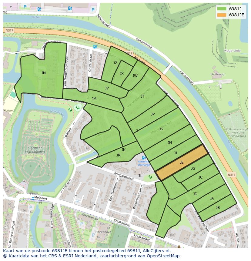Afbeelding van het postcodegebied 6981 JE op de kaart.