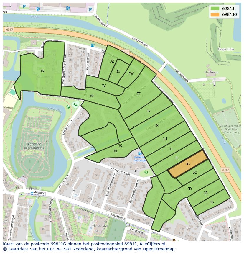 Afbeelding van het postcodegebied 6981 JG op de kaart.