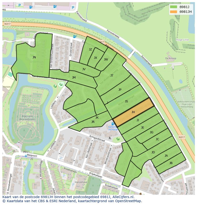 Afbeelding van het postcodegebied 6981 JH op de kaart.