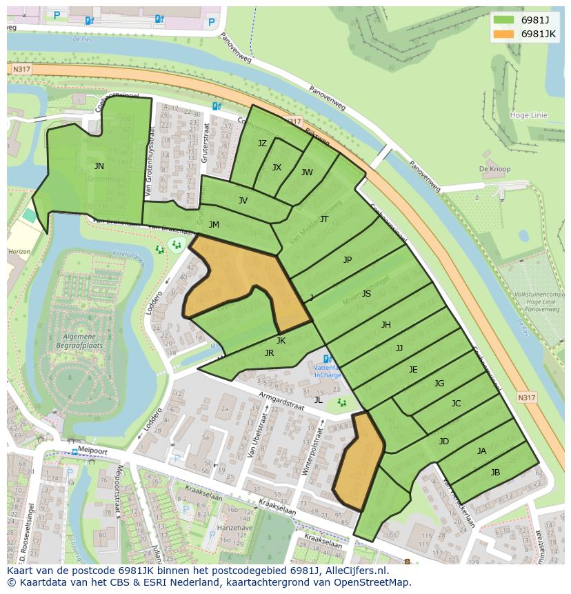 Afbeelding van het postcodegebied 6981 JK op de kaart.