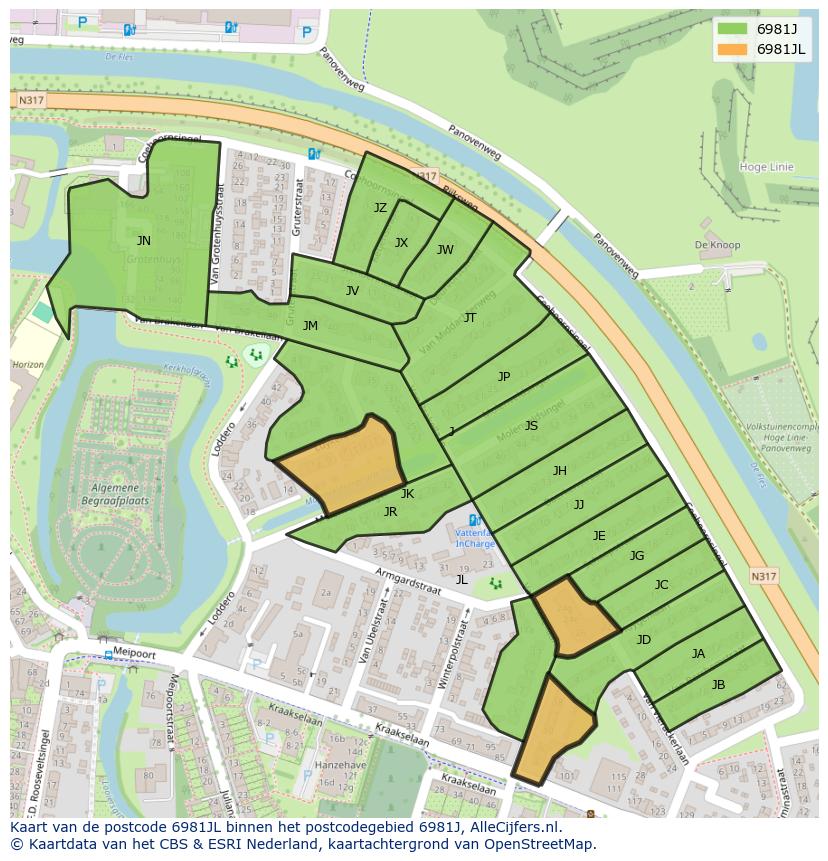 Afbeelding van het postcodegebied 6981 JL op de kaart.