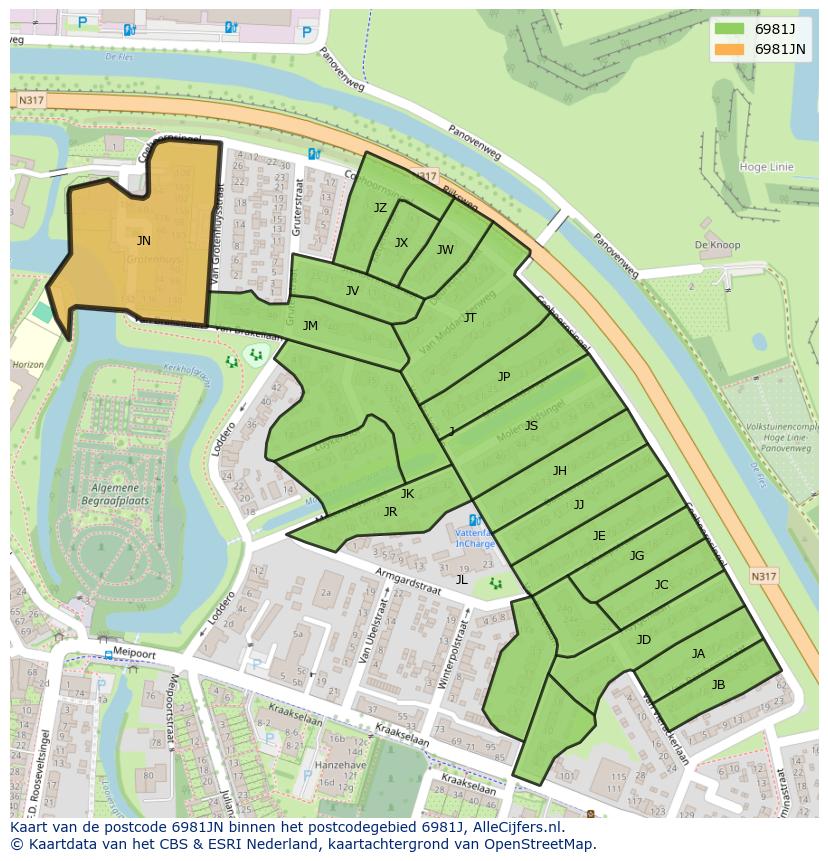 Afbeelding van het postcodegebied 6981 JN op de kaart.