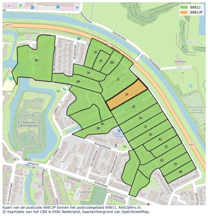 Afbeelding van het postcodegebied 6981 JP op de kaart.