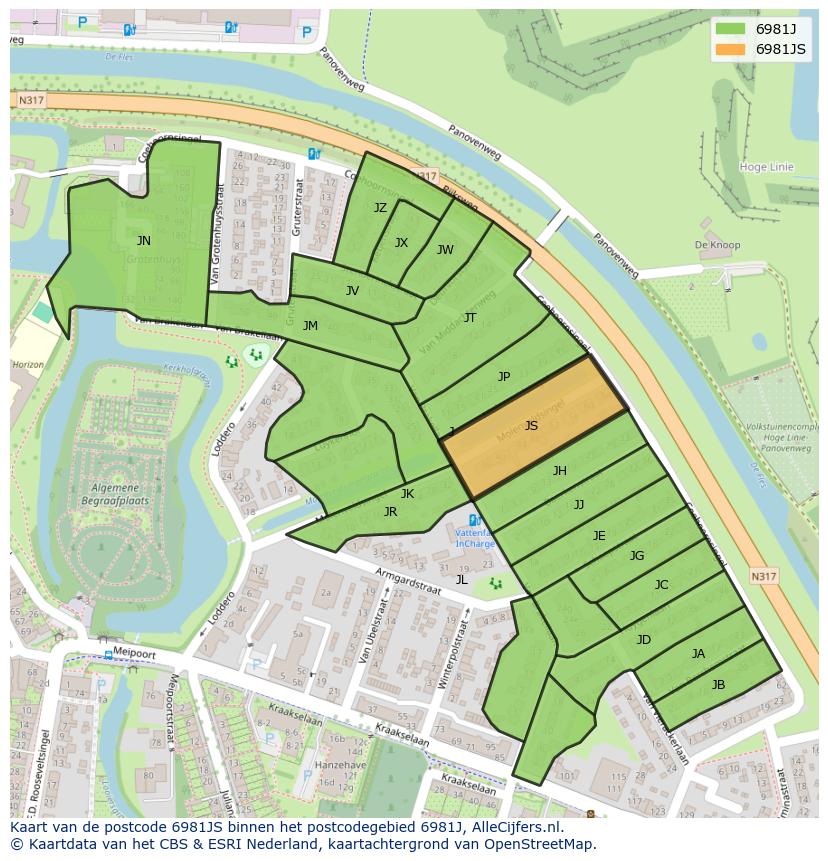 Afbeelding van het postcodegebied 6981 JS op de kaart.