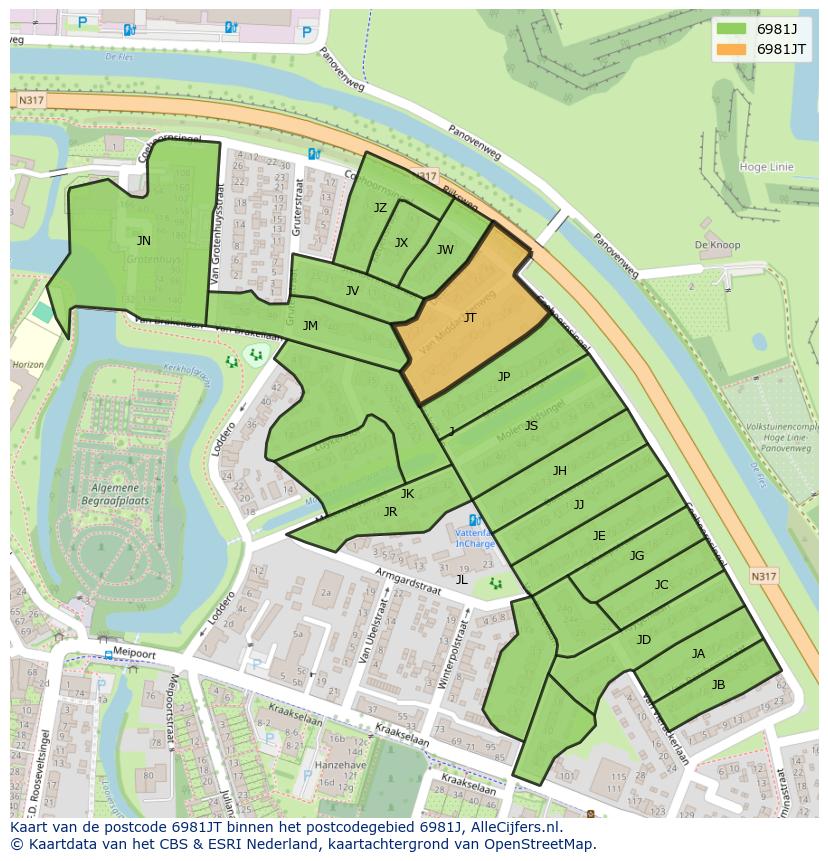 Afbeelding van het postcodegebied 6981 JT op de kaart.