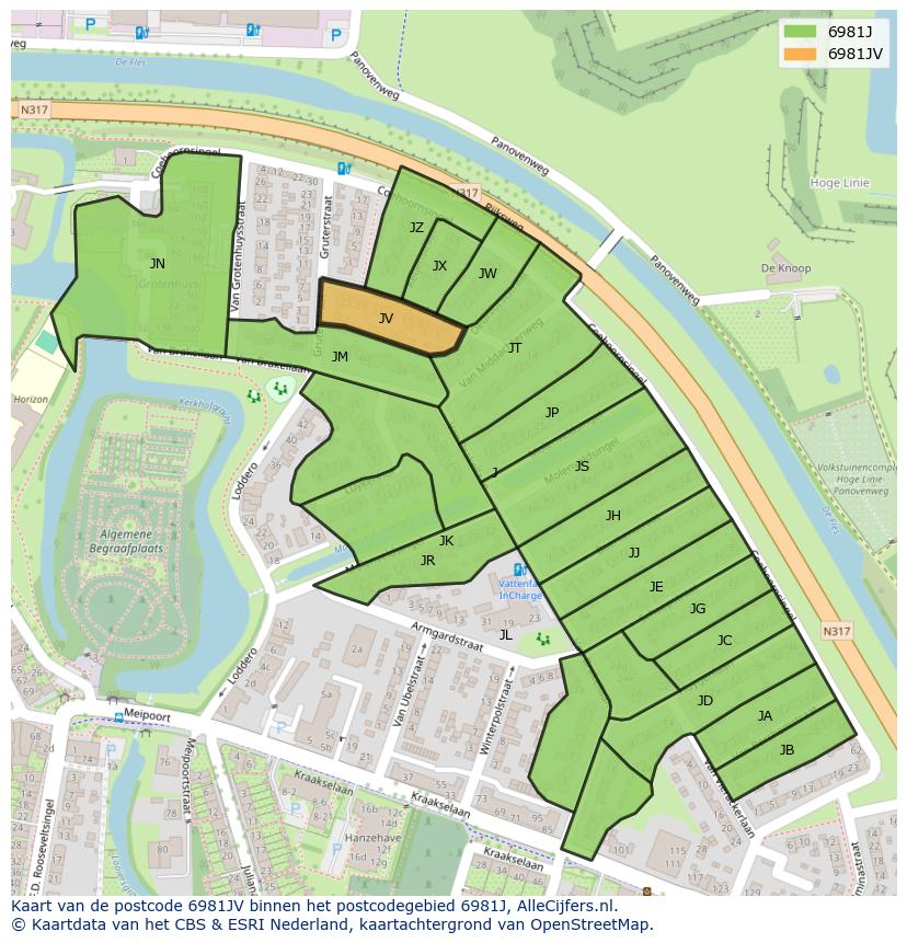 Afbeelding van het postcodegebied 6981 JV op de kaart.
