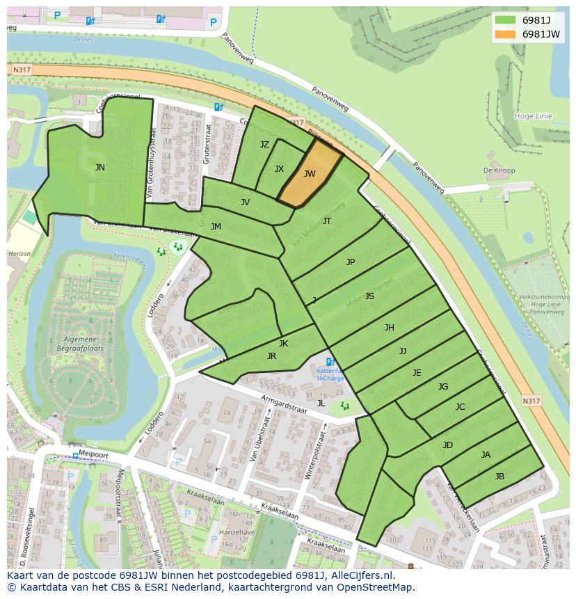 Afbeelding van het postcodegebied 6981 JW op de kaart.