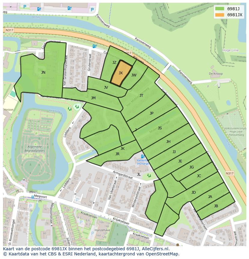 Afbeelding van het postcodegebied 6981 JX op de kaart.