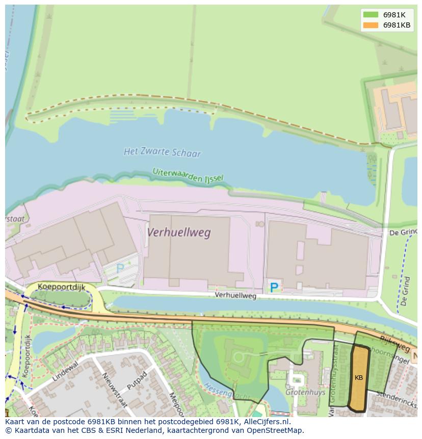 Afbeelding van het postcodegebied 6981 KB op de kaart.