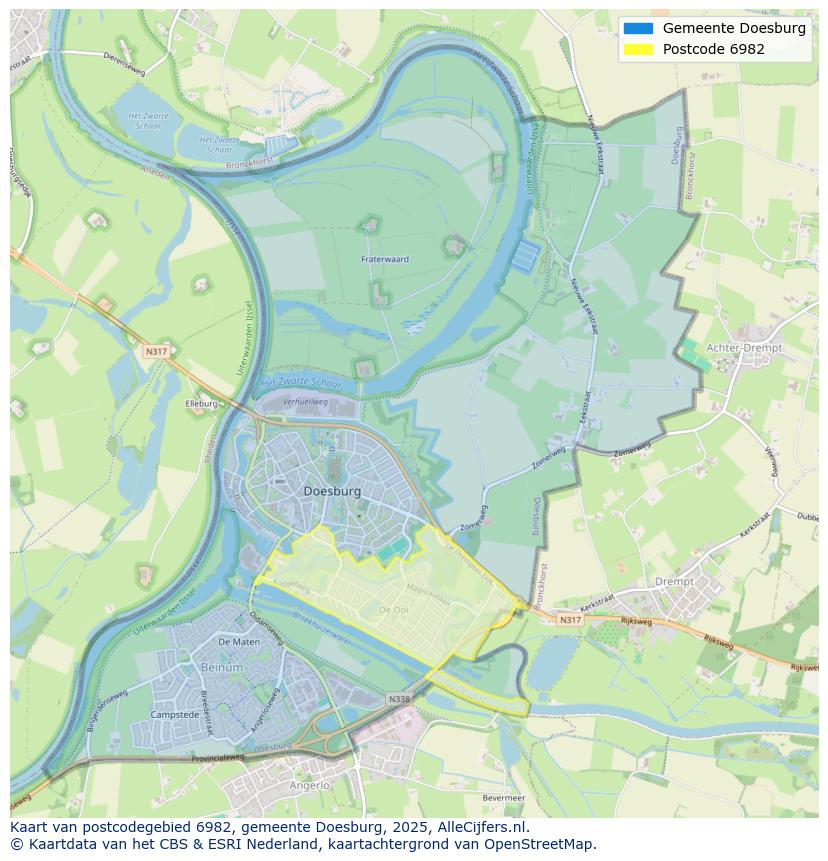 Afbeelding van het postcodegebied 6982 op de kaart.