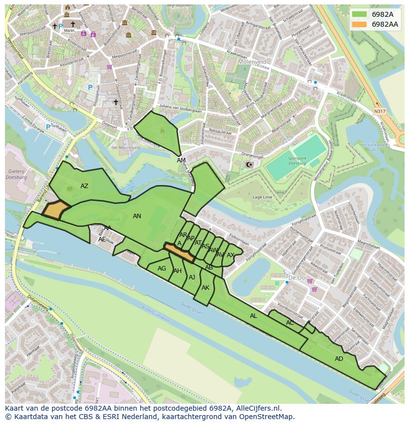 Afbeelding van het postcodegebied 6982 AA op de kaart.