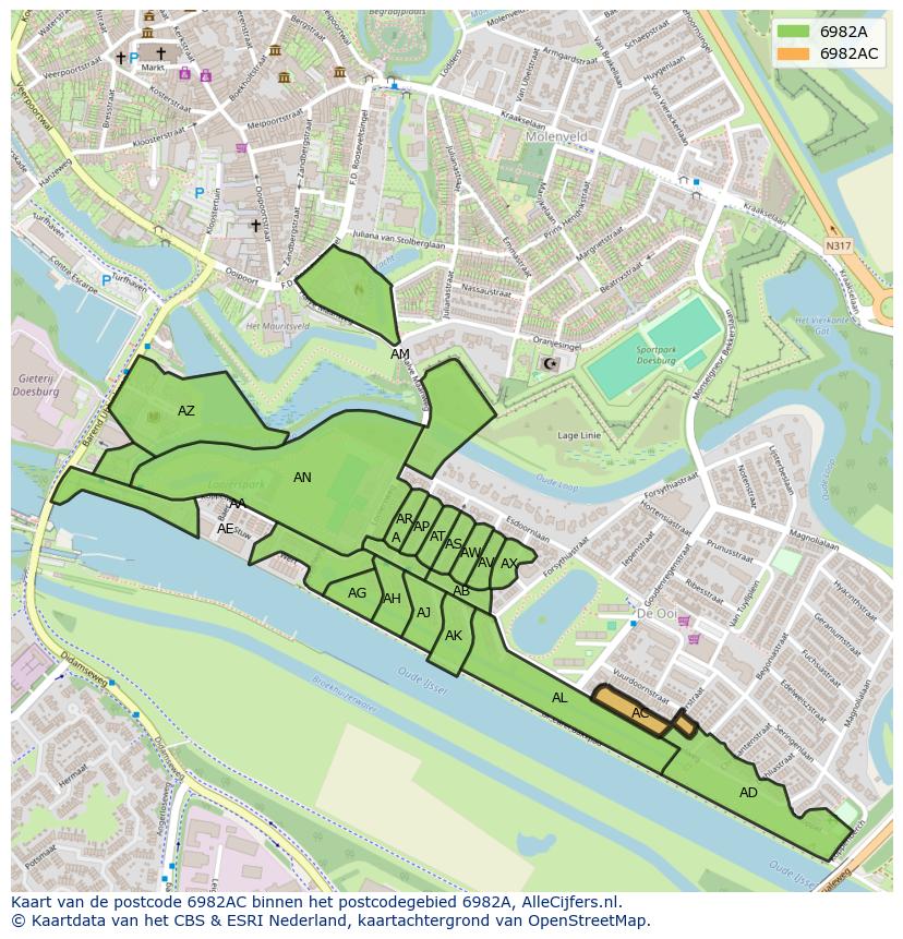 Afbeelding van het postcodegebied 6982 AC op de kaart.