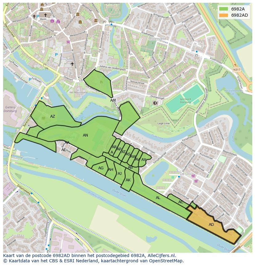 Afbeelding van het postcodegebied 6982 AD op de kaart.